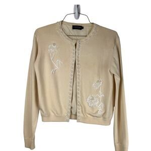 Vintage J. Peterman Wool Silk Cardigan Sweater S Cream Beaded Embroidered Pearl